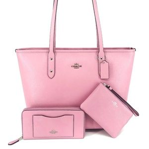 3PCS Coach City Zip Top Tote Wallet Wristlet Set